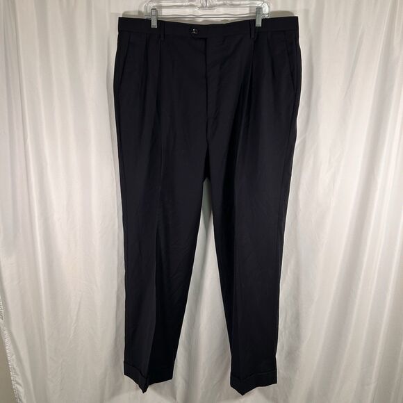 Baroni Super 150s Wool Pants Men's 40 Black Pleated Office Work Slacks - Picture 1 of 7